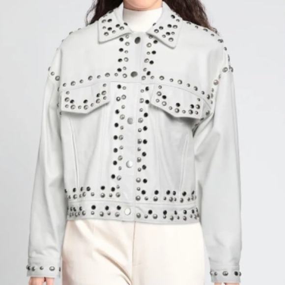 MSRP$490 STREET LEATHER Biker Jacket Size S Ivory Studded Made in Italy - Picture 1 of 9